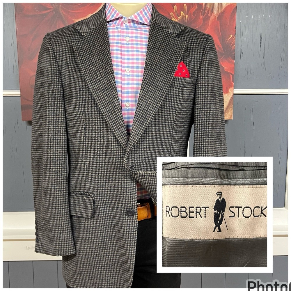 Vintage Robert Stock Blazer Sport Coat Mens 40L Long Wool Flannel Gray/Navy